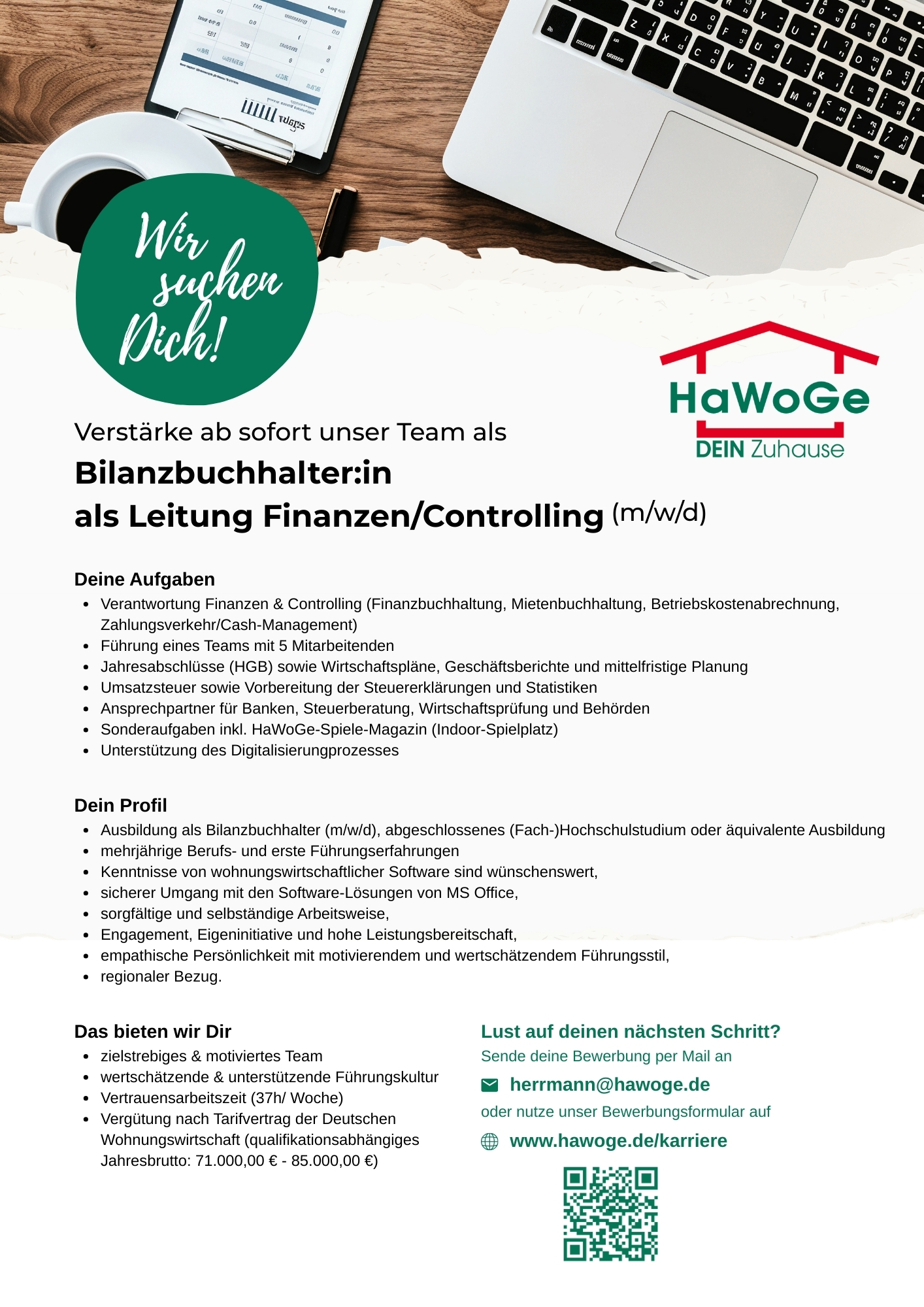 Stellenausschreibung Bilanzbuchhalter:in als Leitung Finanzen/ Controlling